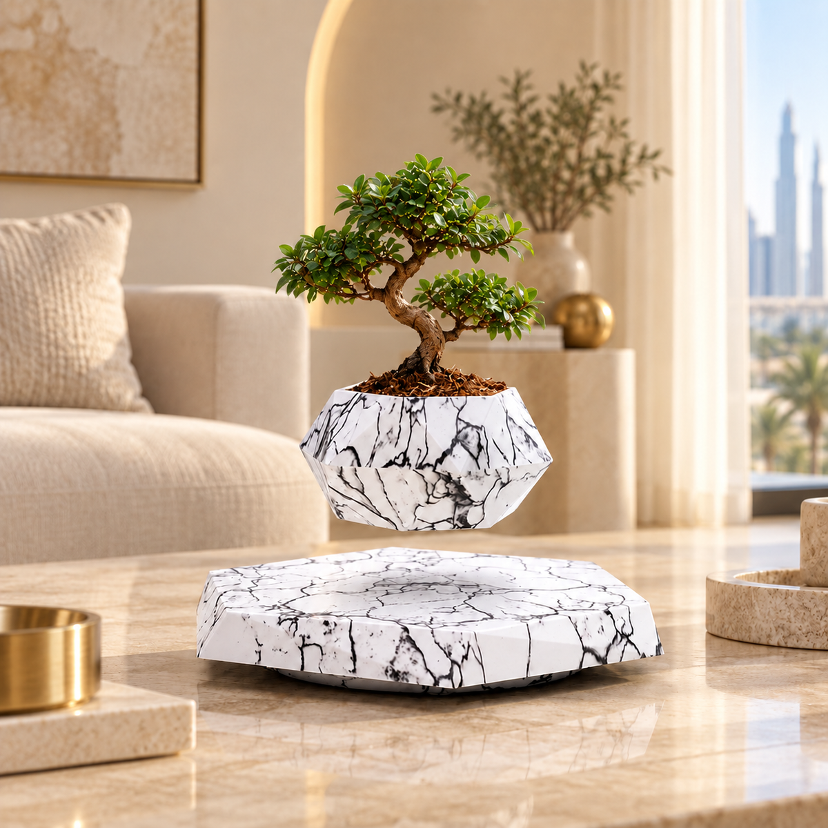 Floating marble planter for modern home and office decor