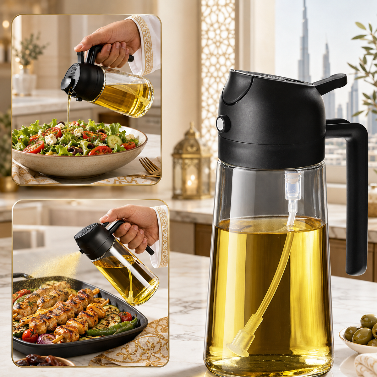 بخاخ وموزع زيت الزيتون 2 في 1 - زجاجة زيت زجاجية سعة 470 مل