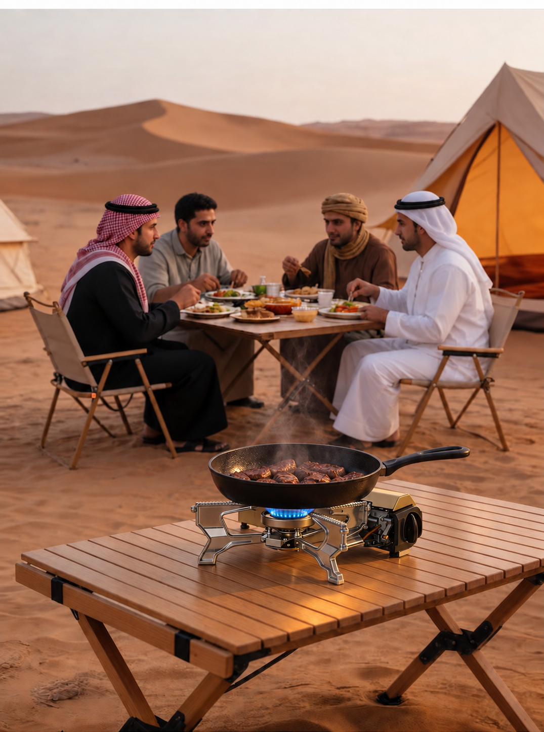 Camping gas stove boiling water outdoors