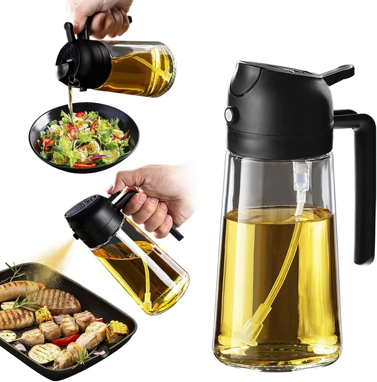 بخاخ وموزع زيت الزيتون 2 في 1 - زجاجة زيت زجاجية سعة 470 مل